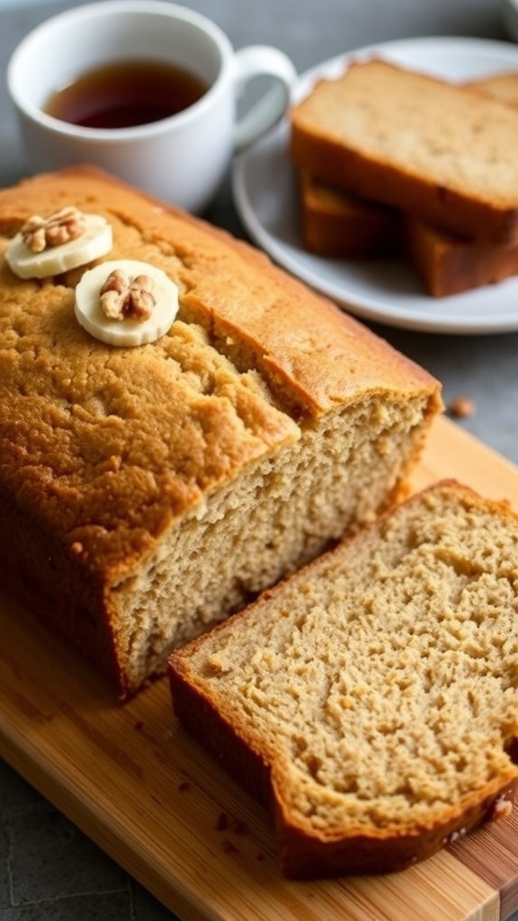 A loaf of almond flour banana bread sliced, showing moist texture, garnished with banana slices and walnuts on a wooden board.